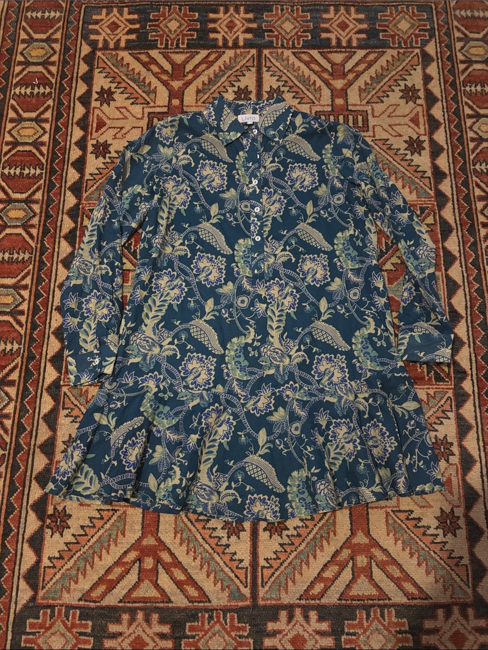 LIVRO Hand Block Print Cotton Drop Waist Shirt Dress Blue Paisley | Size S
